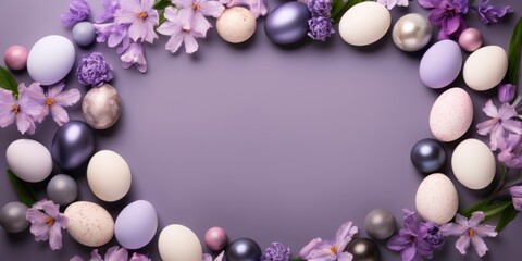 Lavender background with colorful easter eggs round frame