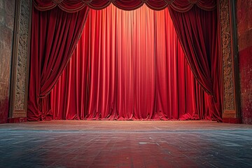 Empty theater stage with red curtains