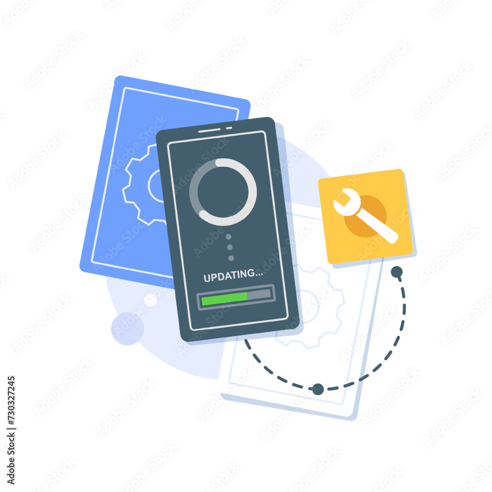 Poster repair and update concept updating process loading on smartphone screen,flat design icon vector illu