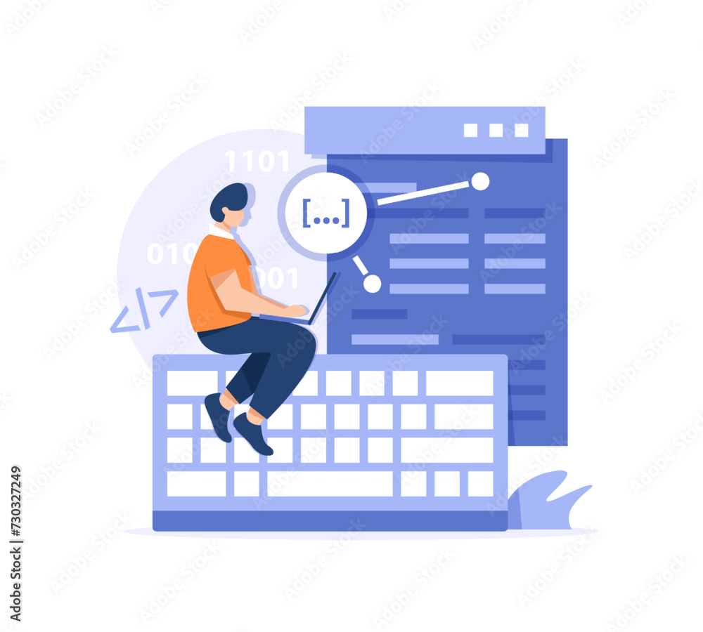 Poster programmer write code. young guy develops program or application, software. it specialist, modern te