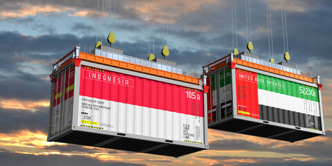 Shipping containers with flags of Indonesia and United Arab Emirates - 3D illustration