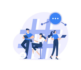 Social Media Concept,Hashtag - big symbol with people using laptop and tablet. Young people customer sending posts and sharing. Landing page template