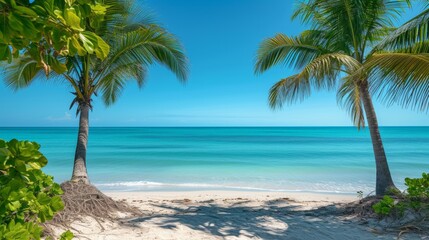 Fototapeta na wymiar Palms sway in the breeze as turquoise waters invite beachgoers to unwind