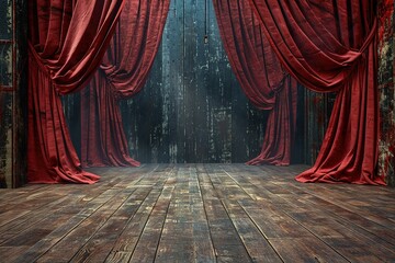 Empty theater stage with wood plank floor and open red curtains 3D Rendering