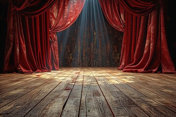 Empty theater stage with wood plank floor and open red curtains 3D Rendering