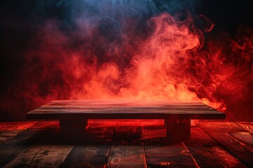 empty wooden table with red smoke float up on dark background