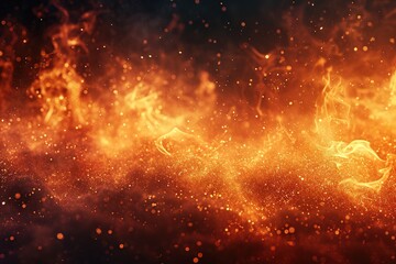 Fototapeta na wymiar Fire and ember overlay effect and smoke background. Grill hot flame with flying spark particle and ash in hell. Festive firestorm burnt particles vector panoramic nature texture with steam and coal.