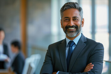 Confident business man smiling in corporate environment. Professional leadership.