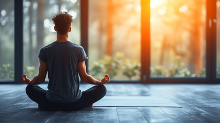 Person meditating in lotus position on a yoga mat indoors with a serene forest view at sunrise, promoting wellness and tranquility