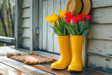 Sunny spring porch with yellow rubber boots standing firmly on the ground, each filled with fresh tulips. This minimalistic composition celebrates the awakening of nature with colorful blooms and sun