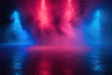 Fototapeta na wymiar Fog in red blue neon light on black background.