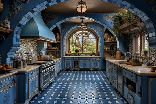 Inviting Greece blue kitchen. Food home summer. Generate Ai