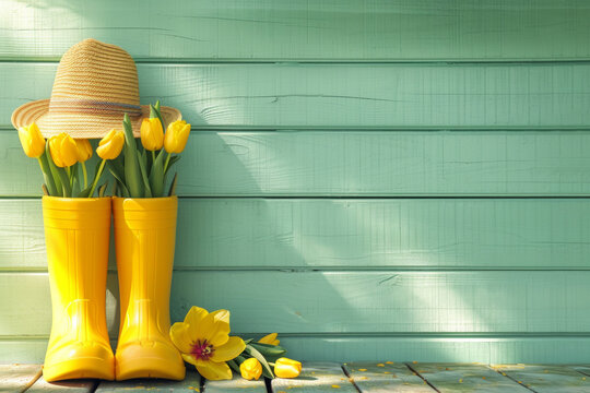 Sunny spring wall with yellow rubber boots standing firmly on the ground, each filled with fresh tulips. This minimalistic composition celebrates the awakening of nature with colorful blooms and sun