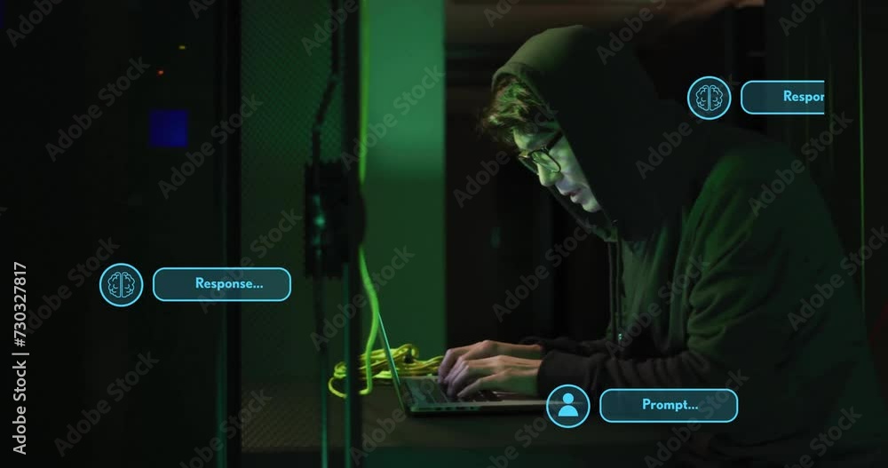 Poster animation of globe ai data processing over asian man with laptop by servers