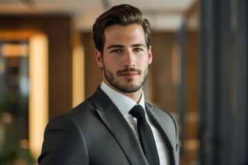 Fototapeta premium Confident businessman posing in modern office. Corporate leadership and success.
