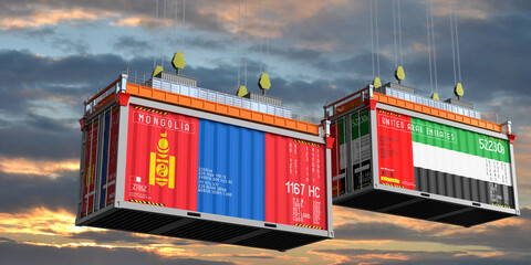Shipping containers with flags of Mongolia and United Arab Emirates - 3D illustration