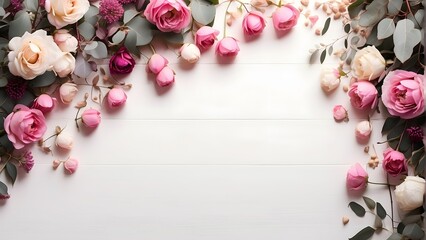 Flowers composition. Frame made of pink roses and eucalyptus branches on white wooden background. Flat lay, top view, copy space