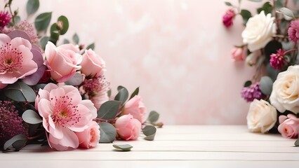 Bouquet of pink roses and eucalyptus on white wooden table