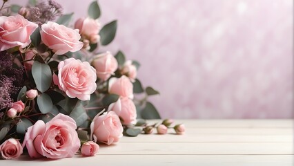 Bouquet of pink roses with eucalyptus branches on wooden background