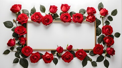 Red roses and golden frame on white background. Flat lay, top view