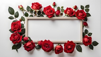 Red roses and white frame on white background. Top view, flat lay