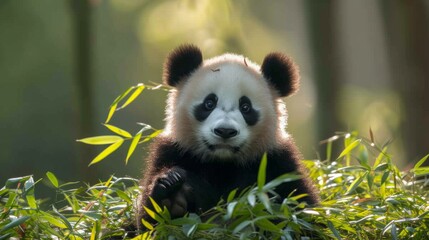 A fluffy giant panda lounges on lush bamboo shoots, its fur contrasting starkly with the greenery