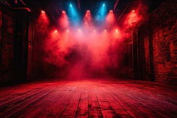 frontal photo of stage floor in dark room, red lights, mist, Cinematic, Photoshoot, Shot on 65mm lens, Shutter Speed 1 4000, F 1.8 White Balance, 32k, Super-Resolution, Pro Photo RGB, Half rear Lighti - obrazy, fototapety, plakaty