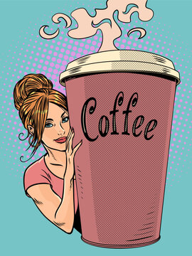 Seasonal advantageous offer from a coffee shop. The girl looks out to the left of the cup of coffee. A hot drink to warm you up. Pop Art Retro