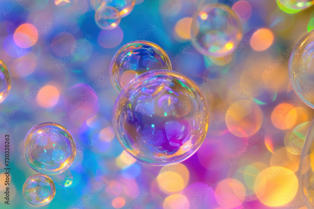 Poster Floating soap bubbles with colorful bokeh background. Joy and lightness.
