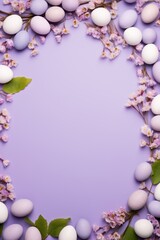 Fototapeta na wymiar Lilac background with colorful easter eggs round frame texture
