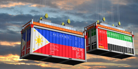 Shipping containers with flags of Philippines and United Arab Emirates - 3D illustration