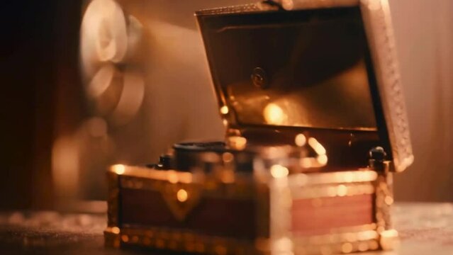 vintage wooden small music box with bokeh background