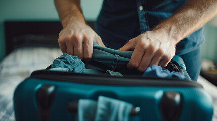 Close up hands of man preparation of putting clothes to travel suitcase for vacation