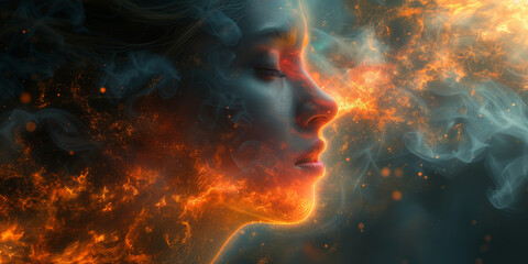 Transparentes Gesicht einer Frau mit strahlenden Sonnenlicht und Feuer als Nahaufnahme