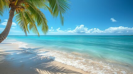 Fototapeta na wymiar Palms sway in the breeze as turquoise waters invite beachgoers to unwind