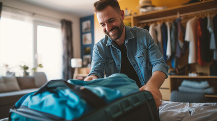 Cheerful man preparation of putting clothes to travel suitcase for vacation