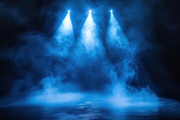 Illuminated stage with scenic lights and smoke. Blue vector spotlight with smoke volume light effect on black background. Stadium cloudiness projector