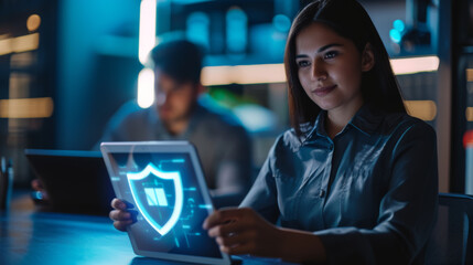 young woman in a dark room is holding a tablet displaying a glowing cybersecurity shield symbol - obrazy, fototapety, plakaty