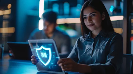 Foto op Plexiglas young woman in a dark room is holding a tablet displaying a glowing cybersecurity shield symbol © HelenP