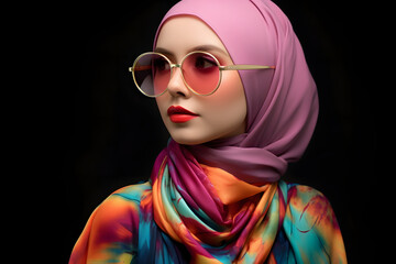 Modern Colorful Stylish Outfit Photoshoot of a Muslim Hijab Woman -   Generative AI,