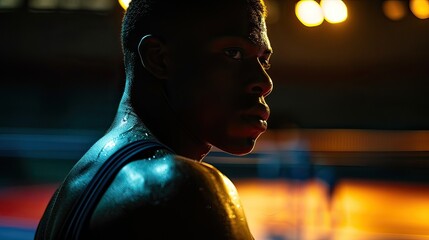 A focused athlete in a boxing gym, illuminated by dramatic lighting