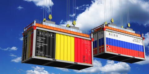 Shipping containers with flags of Belgium and Russia - 3D illustration