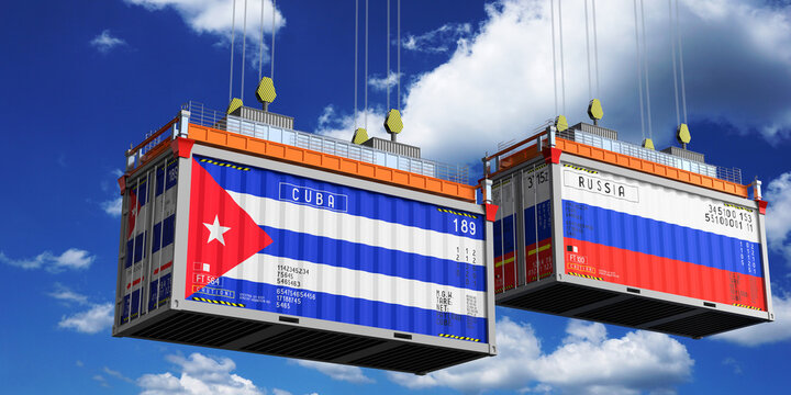 Shipping containers with flags of Cuba and Russia - 3D illustration