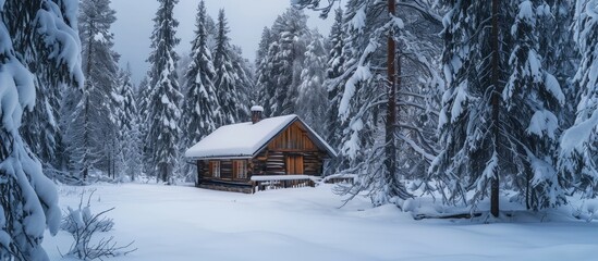 Deserted rustic cabin in snowy Finnish forest.