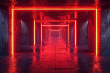 Orange Red Glowing Pylons Cement Concrete Hallway Tunnel Corridor Dark Underground Garage Gallery Stage Sci Fi Futuristic Modern Background 3D Rendering Illustration MADE OF AI