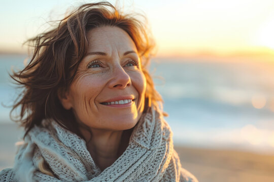 Mature woman enjoying golden hour on beach. Serenity and well-being.