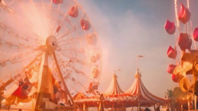 ferris wheel at sunset in carnival, colorful circus tents around it, blurred vision