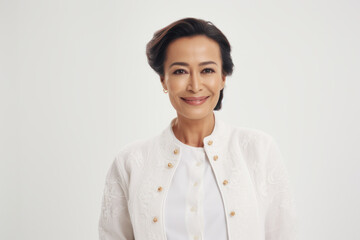 Fototapeta premium Confident business woman in white suit smiling against clean background. Professional portrait.