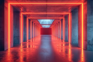 Orange Red Glowing Pylons Cement Concrete Hallway Tunnel Corridor Dark Underground Garage Gallery Stage Sci Fi Futuristic Modern Background 3D Rendering Illustration MADE OF AI