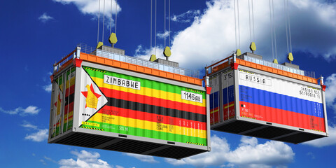 Shipping containers with flags of Zimbabwe and Russia - 3D illustration